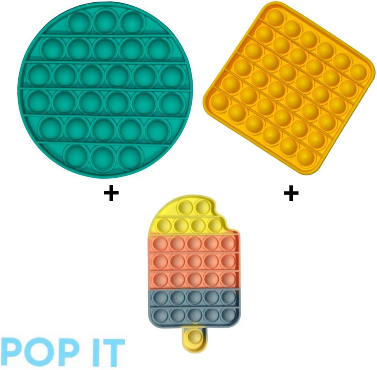 POP IT | Fidget toys pakket | Leuke Set 3 in 1 Rond groen + Vierkant geel + Ijsje multi | 2021 Trend | Vermindert stress | Cadeautip